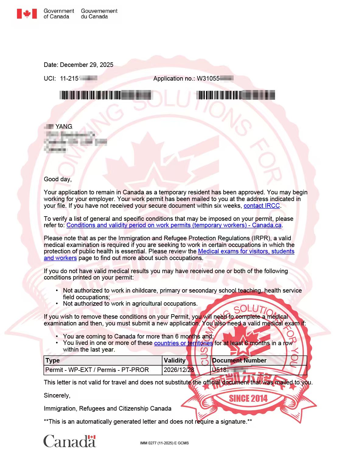 2026.1.1恭喜辽宁辽阳杨女士加拿大保姆移民LMIA工签获批