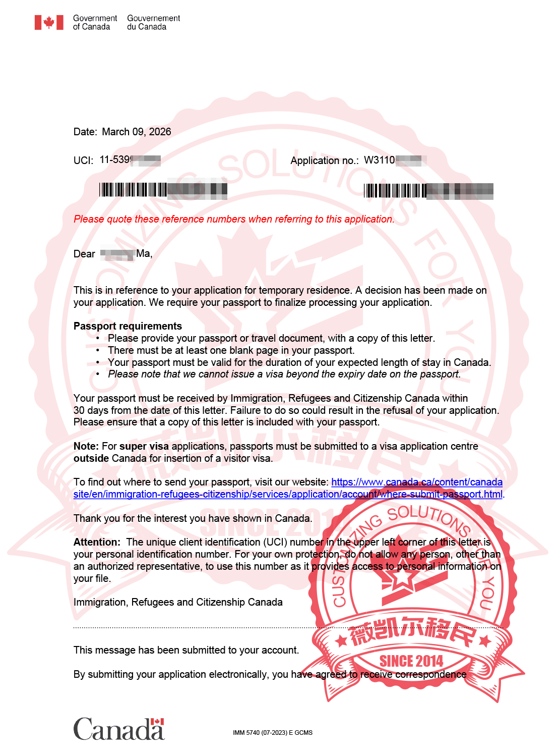 2026.3.9恭喜学员马女士加拿大境外NOC33102护士助理工签获批