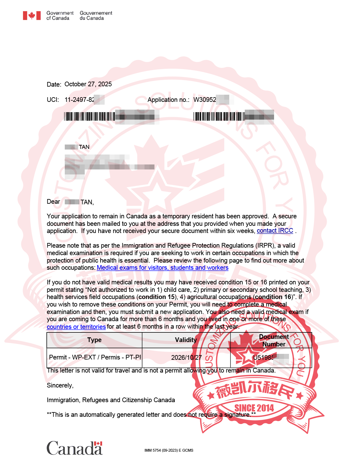 2025.10.29 恭喜温哥华农业封闭式工签持有者谭女士成功获批加拿大保姆移民工签