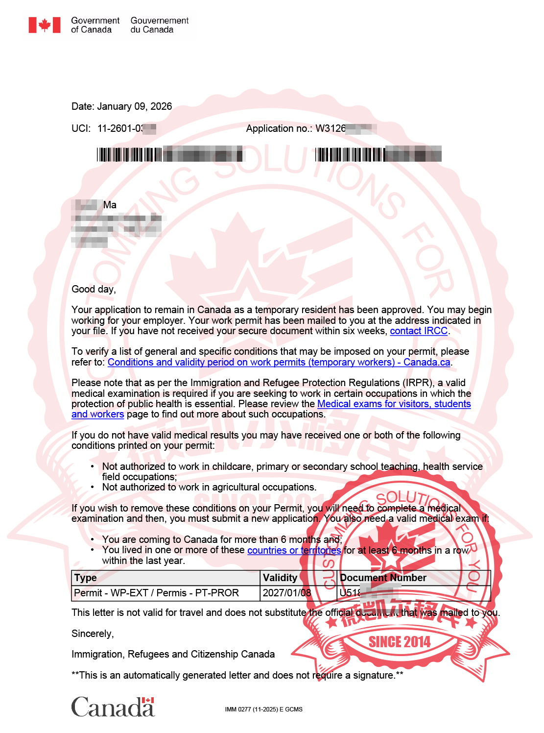 2026.1.12恭喜卡尔加里马女士帮厨工签转保姆照顾老人、残疾人工签获批